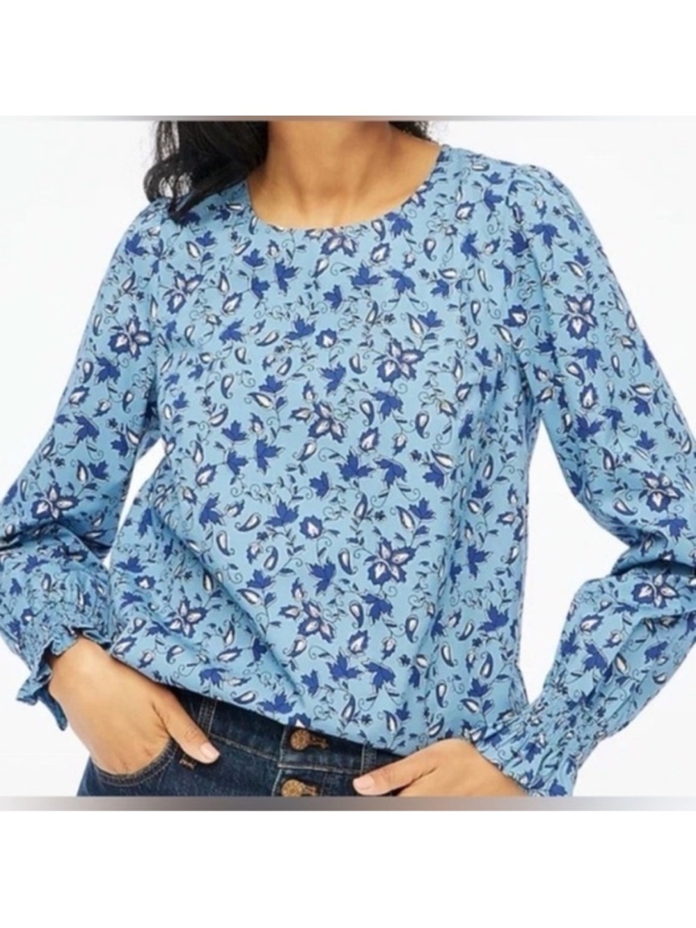 J. Crew Light Blue Floral Long-Sleeve Blouse